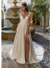 Deep V Neck Beaded Lace Tulle Tie Back Slit Wedding Dress